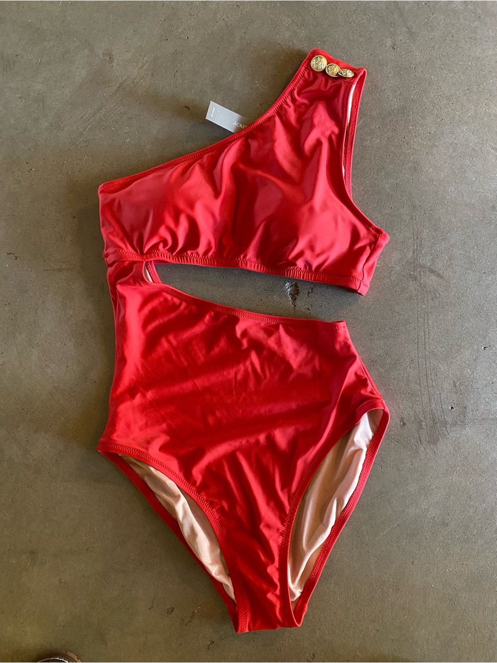 J. Crew Red One-Shoulder Cutout Swimsuit with Gold Buttons - Picture 5 of 8